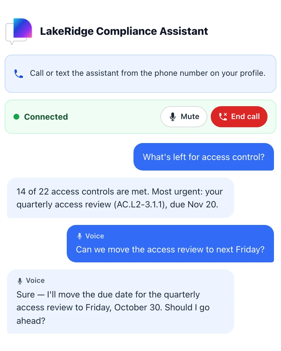LakeRidge AI agent on a voice call in a demo account. Asked to move an access review to next Friday, it proposes the new due date and asks whether to go ahead.