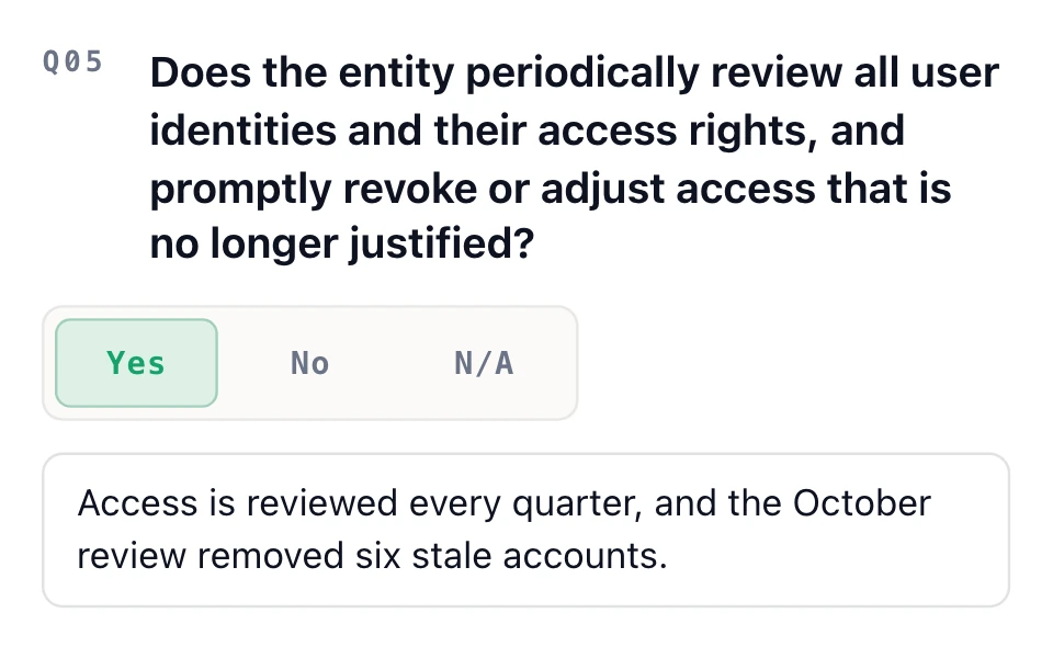 NCNICC assessment question about periodically reviewing user identities and access rights, answered Yes with a note about quarterly reviews.