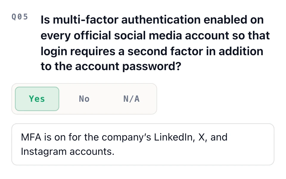 OSMACC assessment question about multi-factor authentication on every official social media account, answered Yes with a note listing the accounts.