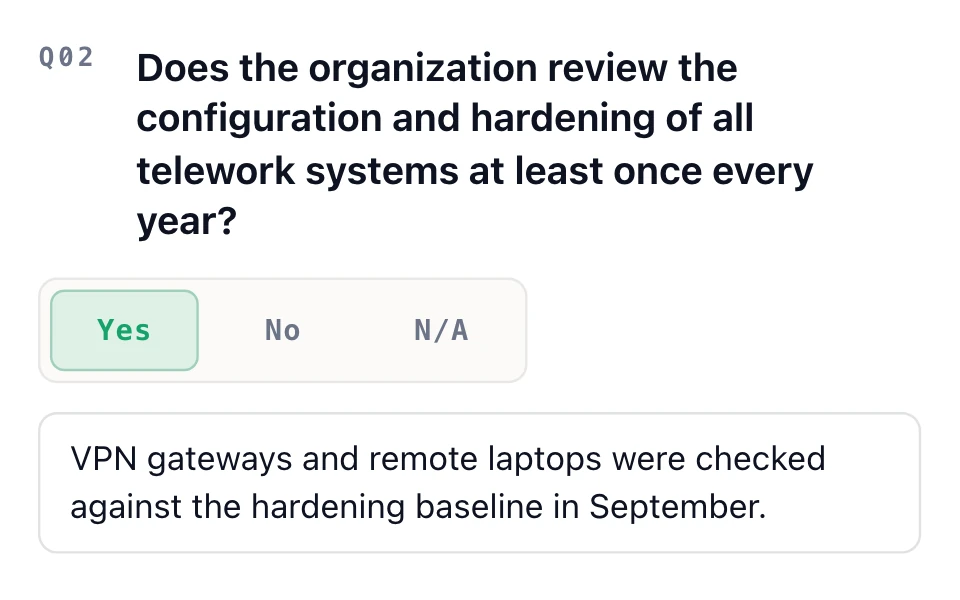 TCC assessment question, “Does the organization review the configuration and hardening of all telework systems at least once every year?”, answered Yes with a note about the September review.