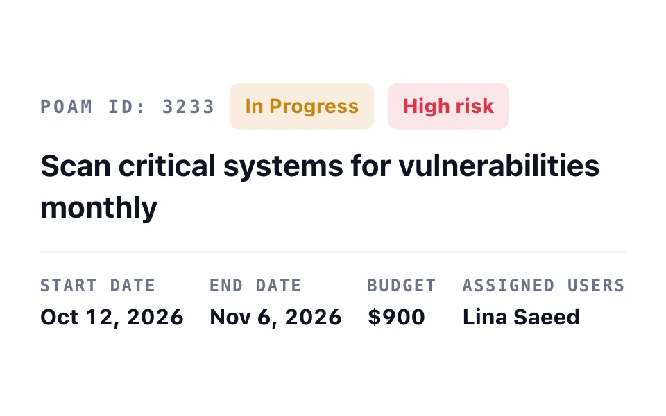 Remediation task “Scan critical systems for vulnerabilities monthly”: in progress and high risk, with its dates, a $900 budget, and its owner.