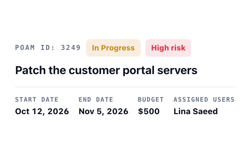 Remediation task “Patch the customer portal servers”: in progress and high risk, with its dates, a $500 budget, and its owner.